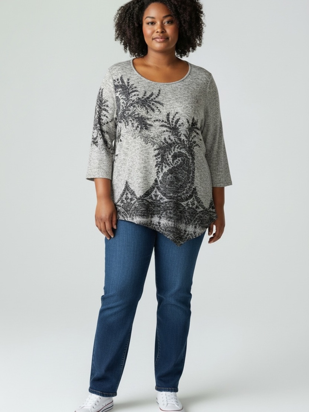 Christopher & Banks Gray and Black Scoop Neck Tunic with Asymmetrical Hem.